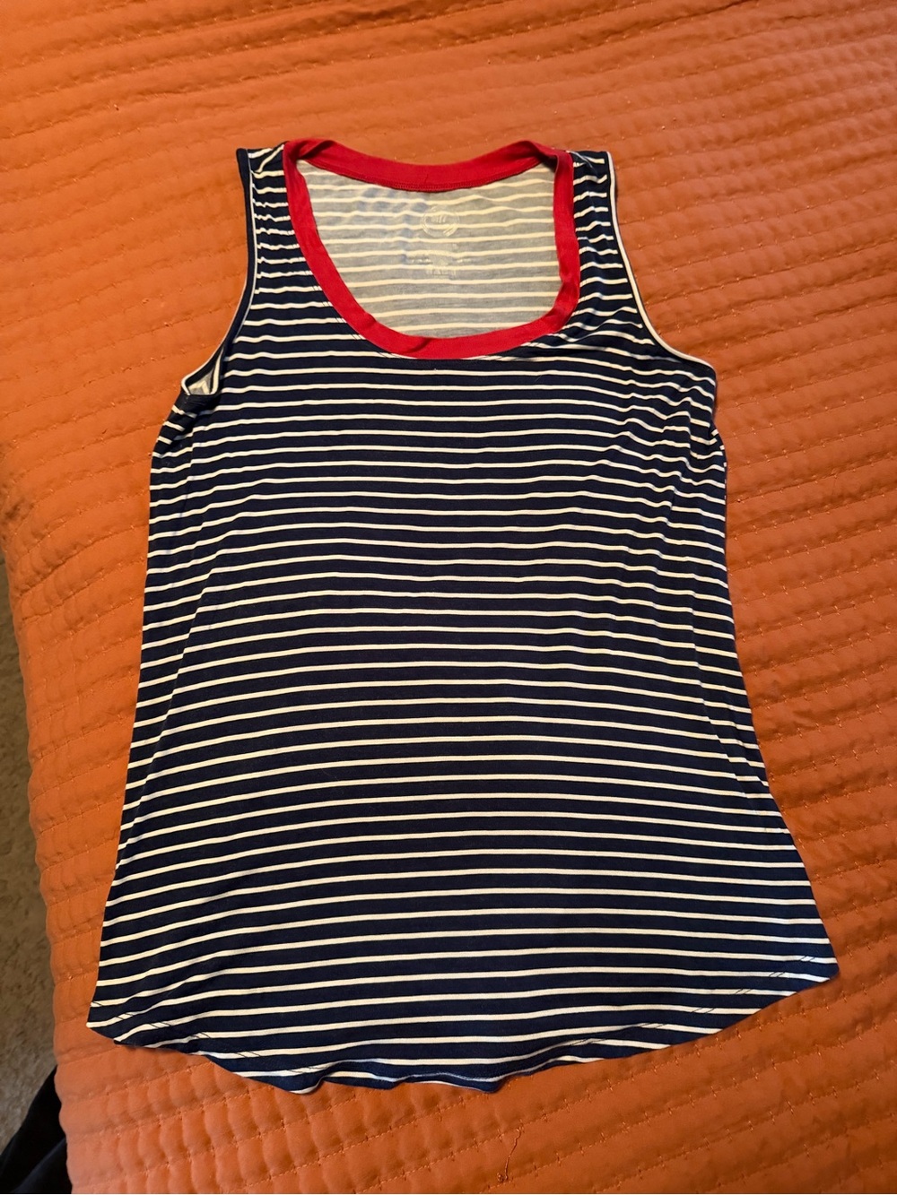 Navy and White Striped Scoop Neck Tank with Red Trim